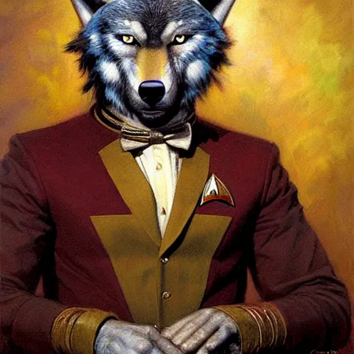 Prompt: a portrait of a wolf dogman canine star trek chief engineer. highly detailed painting by gaston bussiere craig mullins j. c. leyendecker furry