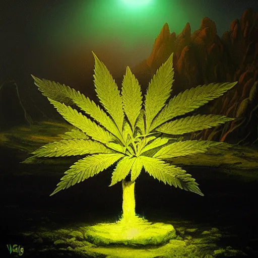 Prompt: a huge cannabis plant in a dark fantasy landscape. bioluminescence. godrays. volumetric light. acryl painting. trending on artstation.