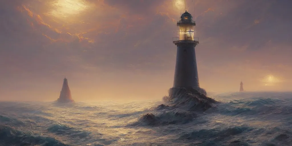 Prompt: a beautiful painting of a singular lighthouse, shining its light across a tumultuous sea of blood by greg rutkowski and thomas kinkade, trending on artstation, yellow color scheme