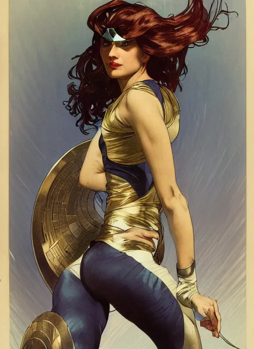 Image similar to slim young woman with a mischievous face and long aubrun wavy hair dressed as superhero in her early twenties, posing with arms tucked behind back, captain america, tight fit, curvaceous, intricate detailed face, amply proportioned, shiny, greg rutkowski, alphonse mucha