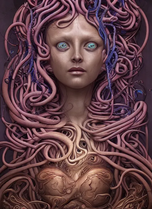 Image similar to medusa, wooden art nouveau swirls, strong subsurface scattering, cables, biomechanical, in the style of james jean and tomasz alen kopera, mystical colors, rim light, soft lighting, 8 k, stunning scene, raytracing, octane render, trending on artstation