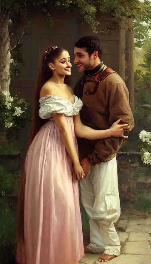 Prompt: beautiful romanticism painting of ariana grande as a beautiful homely wife greeting her husband home, cottagecore, artstation, 8 k, beautiful, symmetrical face, makovsky, nikolay