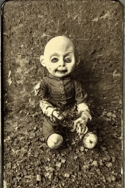 Prompt: dirty cracked crying vintage evil bald doll sitting in dirt basement cobwebs tintype photo