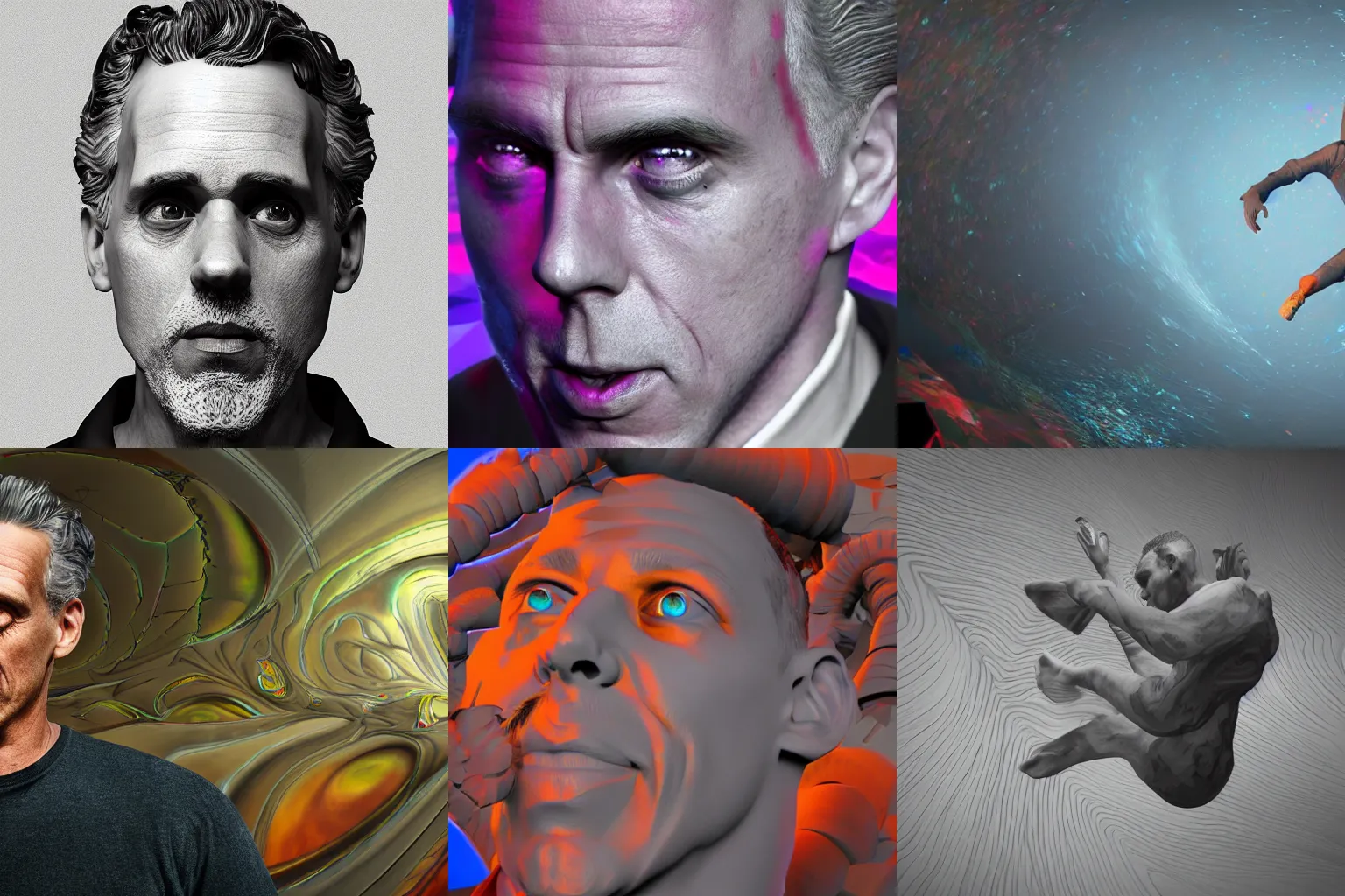 Prompt: Jordan Peterson flying through an abstract psychedelic reality, zbrush, unreal engine 4, weta digital