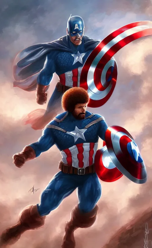 Image similar to bob ross as captain america, dynamic lighting, cinematic, ultra detailed, trending on art station, stunning visuals, creative, fantasy concept art