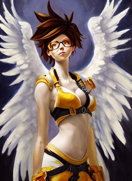 Prompt: full body oil painting of tracer overwatch in the style of sophie anderson, angel wings, white dress, dramatic painting, symmetrical composition, ornate, high detail, gold detailed collar, blooming, lights, flowers,