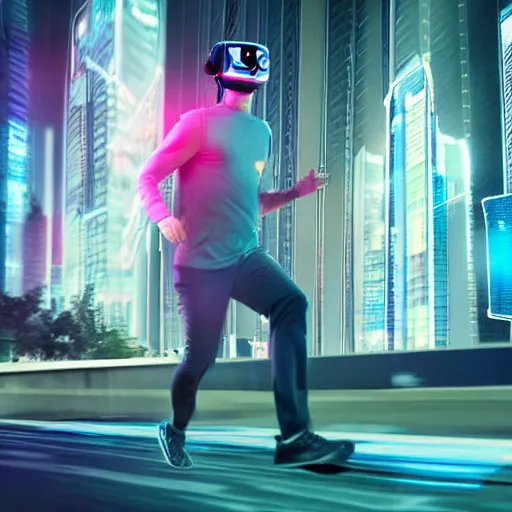 Prompt: a person running through a future city wearing an augmented reality headset with virtual screens showng vital signs and health information 8k unreal
