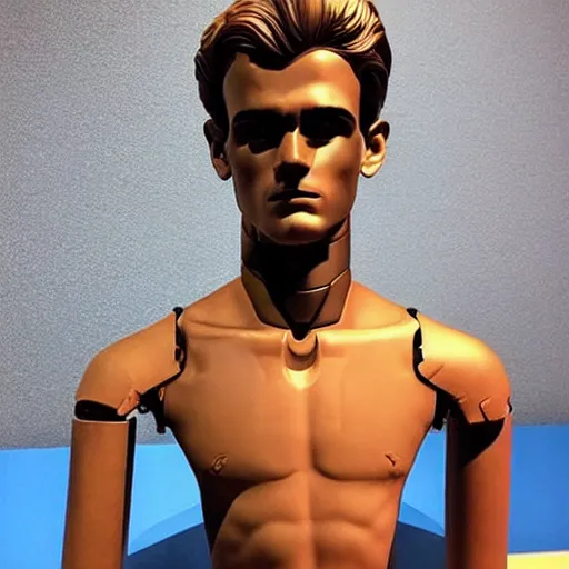 Image similar to “ a realistic detailed photo of a guy who is an attractive humanoid who is half robot and half humanoid, who is a male android, soccer player antoine griezmann, shiny skin, posing like a statue, blank stare, at the museum, on display ”