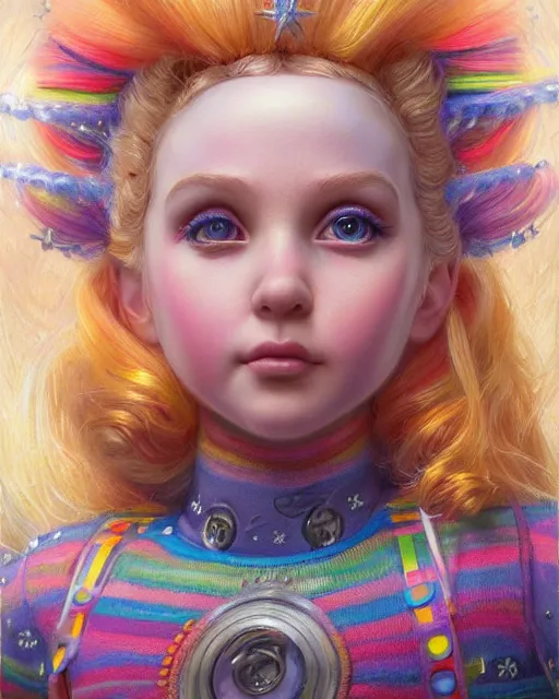 Image similar to doll rainbow brite portrait | highly detailed | very intricate | symmetrical | whimsical and magical | soft cinematic lighting | award - winning | closeup portrait | painted by donato giancola and mandy jurgens and charlie bowater | pastel color palette | featured on artstation