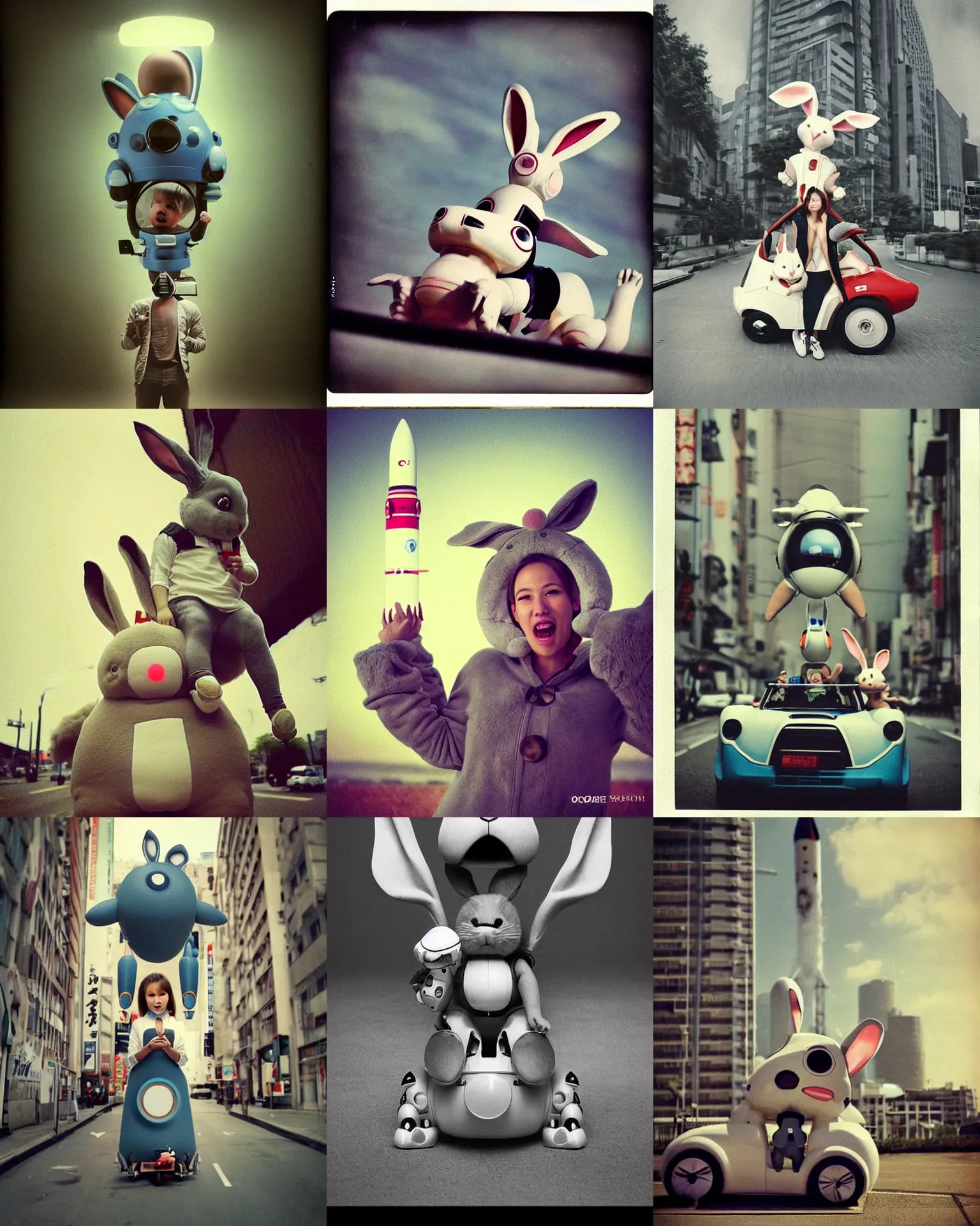 Prompt: extreme low angle! epic pose!!! googly eyed giant oversized rocket battle rabbit robot chubby mech baby sport car double decker with giant oversized ears and rabbit babies , in tokio , full body , Cinematic focus, Polaroid photo, vintage , neutral dull colors, soft lights, foggy , by oleg oprisco , by national archives, by discovery channel, by victor enrich , by gregory crewdson