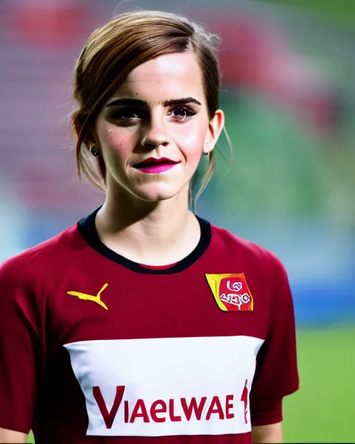 Image similar to a portrait of emma watson as a lokomotiv football player, hyper realistic