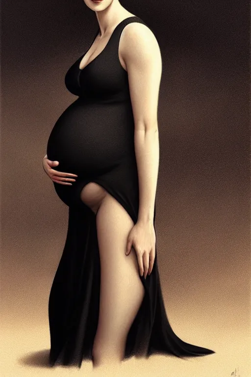 Prompt: pregnant alexandra daddario in a black dress, realistic portrait, symmetrical, highly detailed, digital painting, artstation, concept art, smooth, sharp focus, illustration, cinematic lighting, art by artgerm and greg rutkowski and alphonse mucha