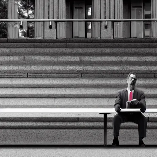 Image similar to A businessman is sitting on a bench eating lunch in a park. A tall ladder lurks menacingly behind him. A tall ladder lurks menacingly behind him. , shadows, realistic, 4k