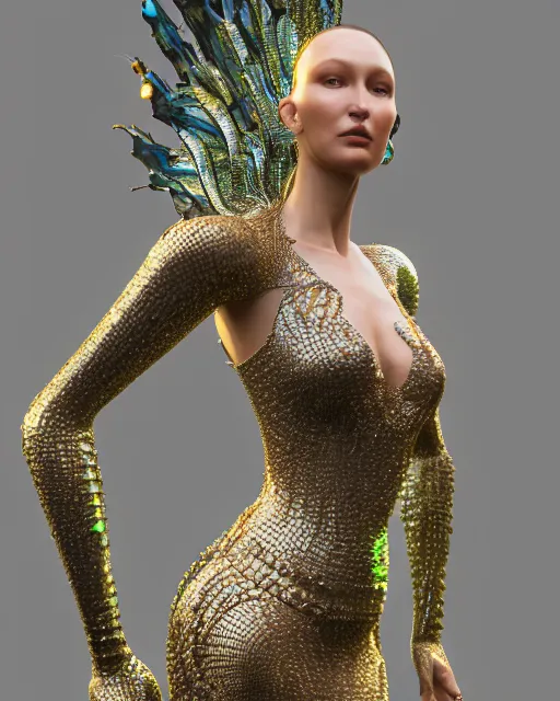 Image similar to a highly detailed metahuman 4 k close up render of an alien goddess bella hadid as siren in iris van herpen dress schiaparelli in diamonds crystals swarovski and jewelry iridescent in style of alphonse mucha gustav klimt trending on artstation made in unreal engine 4