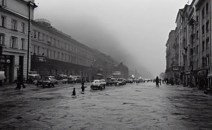 Prompt: 40s historic footage of a sovietic street with pedestrians, aerial view , Cinestill 800t 18mm, heavy grainy picture, very detailed, high quality, 4k panoramic, billboards and streetlight at night, rain, mud, foggy