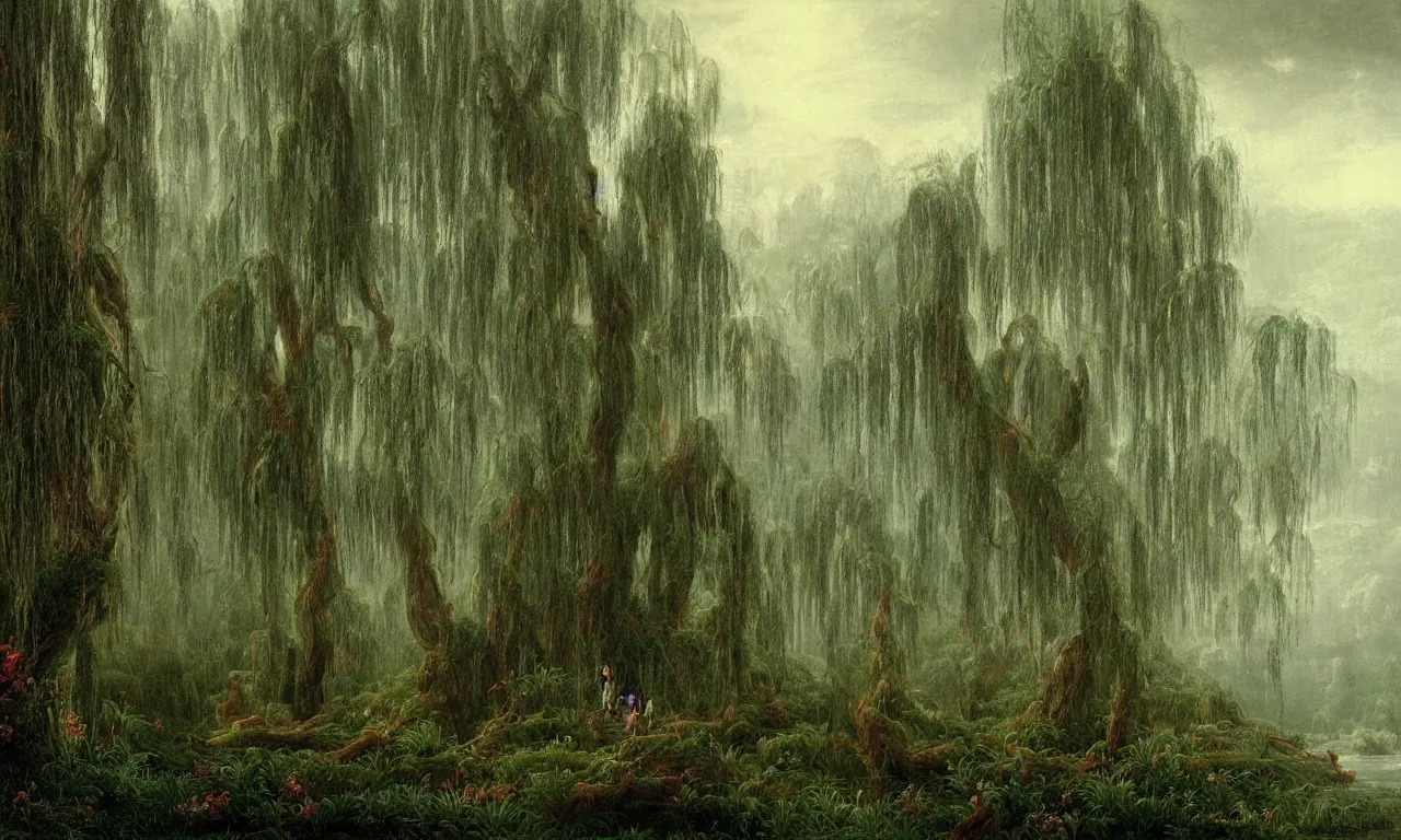 Prompt: weeping willows, misty garden, thomas cole, lord of the ring, intricate details