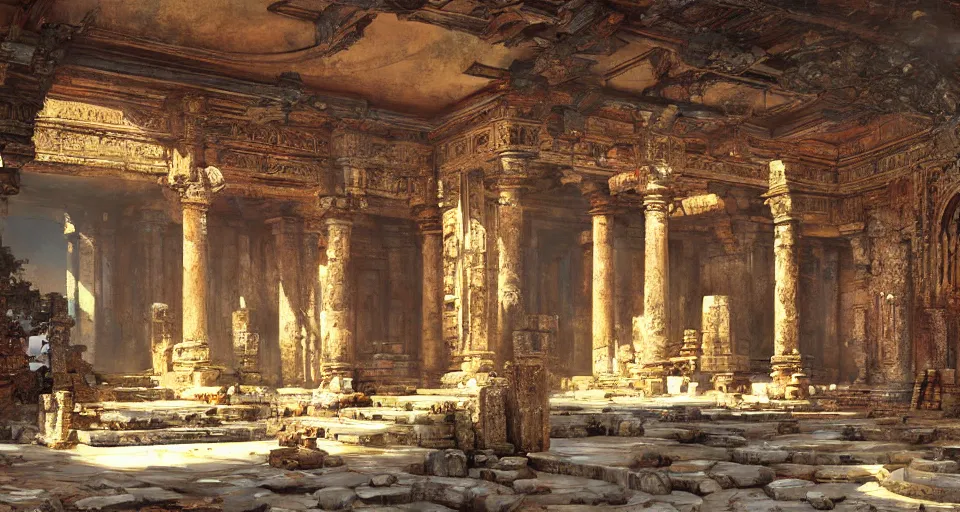 Image similar to ancient temple ruins interior, intricate, elegant, vivid colors, highly detailed, john park, craig mullins, sparth, ruan jia, jeffrey catherine jones