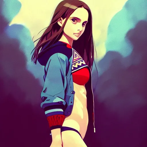 Image similar to a beautiful! boyish! natalie portman alluring gravure! model, wearing oversized aztec bomber jacket and leotard, poofy bomber jacket with mayan patterns, gapmoe yandere grimdark, trending on pixiv fanbox, painted by greg rutkowski makoto shinkai takashi takeuchi studio ghibli, akihiko yoshida