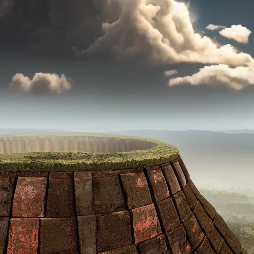 Image similar to a big ancient city on top of a mountain, in the midst of the clouds, has a great circular brick wall surrounding it, and the mountain is surrounded by clouds, hyper realistic, 8 k, cinematic, artstation