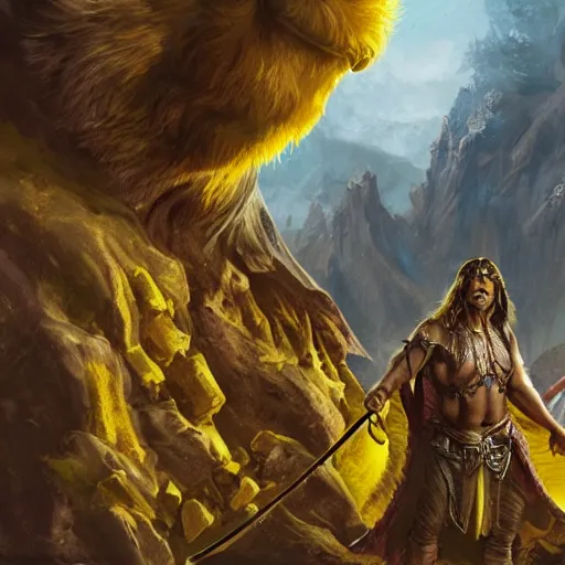 Image similar to an old man with 7 yellow birds, epic fantasy, conan the barbarian, high detail, digital art