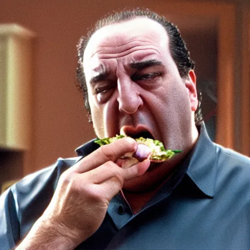 Image similar to tony soprano angry while eating gabagool, 8 k, high definition, highly detailed, photo - realistic