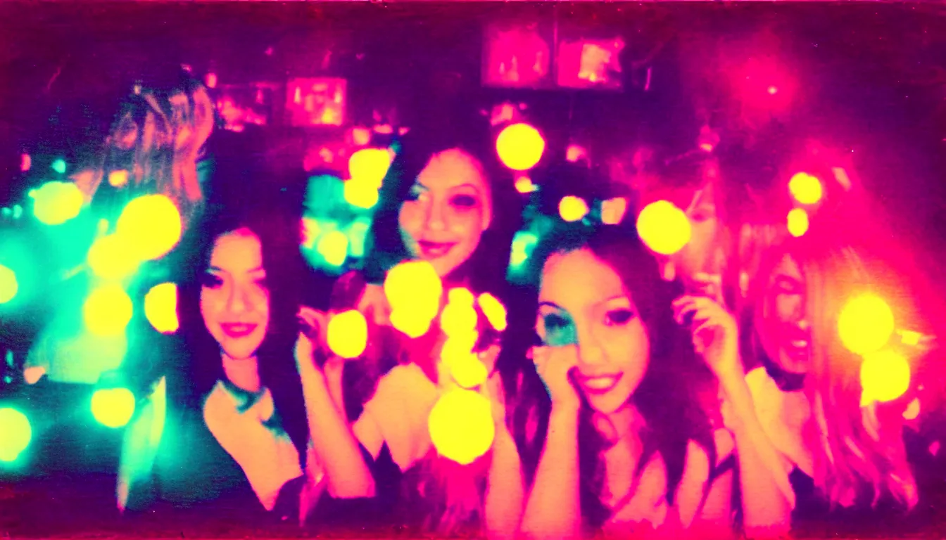 Prompt: colorful instant photograph girls night out in a city at night, polaroid, light leak, raw, nostalgic