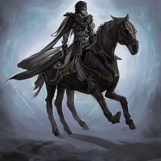 Image similar to a concept art for a new video game, by square enix, about a hero fighting for his nation, wearing a turban and also a black horse, his clothes are very desert style, and also symmetrical, perfect shape, and also very detailed, illustrations this is drawn by yoshitaka amano