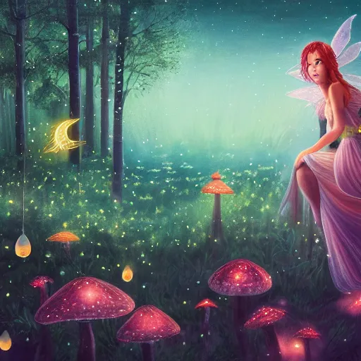 Prompt: attractive, fairy, woman, in the night, fantasy, crescent moon in background, luminous, toadstools, fireflies, fantasy, mist, highly detailed painting, fine lines, light rays, mid shot, 8 k realistic, sharp focus