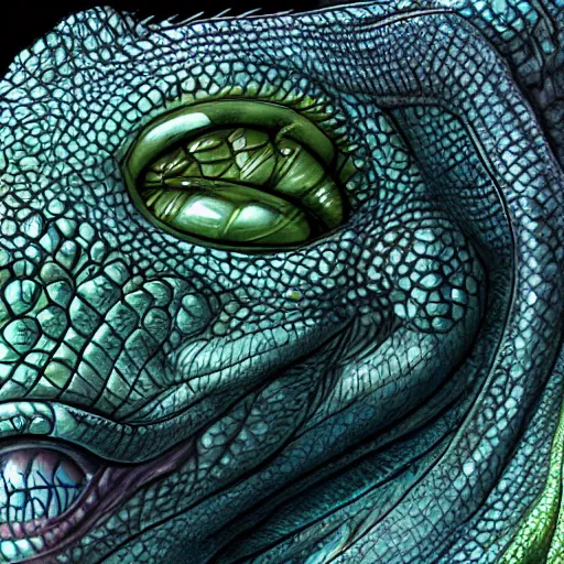 Image similar to portrait of a representative of a high - tech race of reptile from another galaxy, highly detailed, realistic, sharp focus