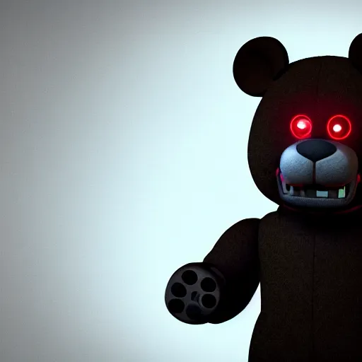 Prompt: A photo of the person in black bear suit, animatronic black Freddy Fazbear with red glowing eyes, 8k, ultra detail, volumetric lighting, unreal engine, octane render, ultra realistic, max quality, epic 35 mm lens shot, photorealism