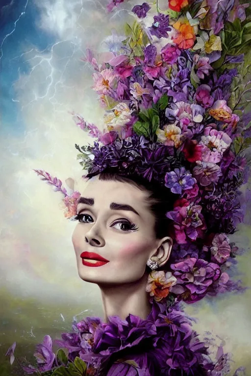 Prompt: closeup portrait fine art photo of the beauty audrey hepburn, she has a crown of stunning flowers and dress of purple satin and gemstones, background full of stormy clouds, by peter mohrbacher