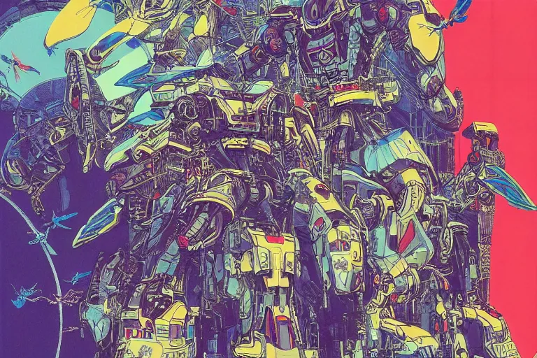 Image similar to gigantic mecha arzach birds with dragonflies, tiny rats, a lot of exotic animals around, big human faces everywhere, helicopters and tremendous birds, risograph drawing by satoshi kon and moebius, matte summer blue colors, surreal psychedelic design, 4 k