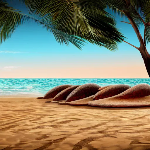 Image similar to oval-shaped woks on a beach with ocean in the background, photorealistic, 8k