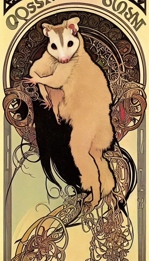 Image similar to poster of an opossum by Alphonse Mucha, Art Nouveau