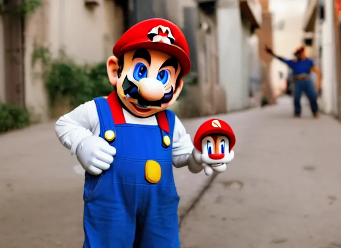 Prompt: super mario as a drug dealer selling a magical mushroom in the alleys of los angeles, super mario in real life, red hat, blue overalls, canon eos r 3, f / 1. 4, iso 2 0 0, 1 / 1 6 0 s, 8 k, raw, unedited, symmetrical balance, wide angle, 🍄🍄