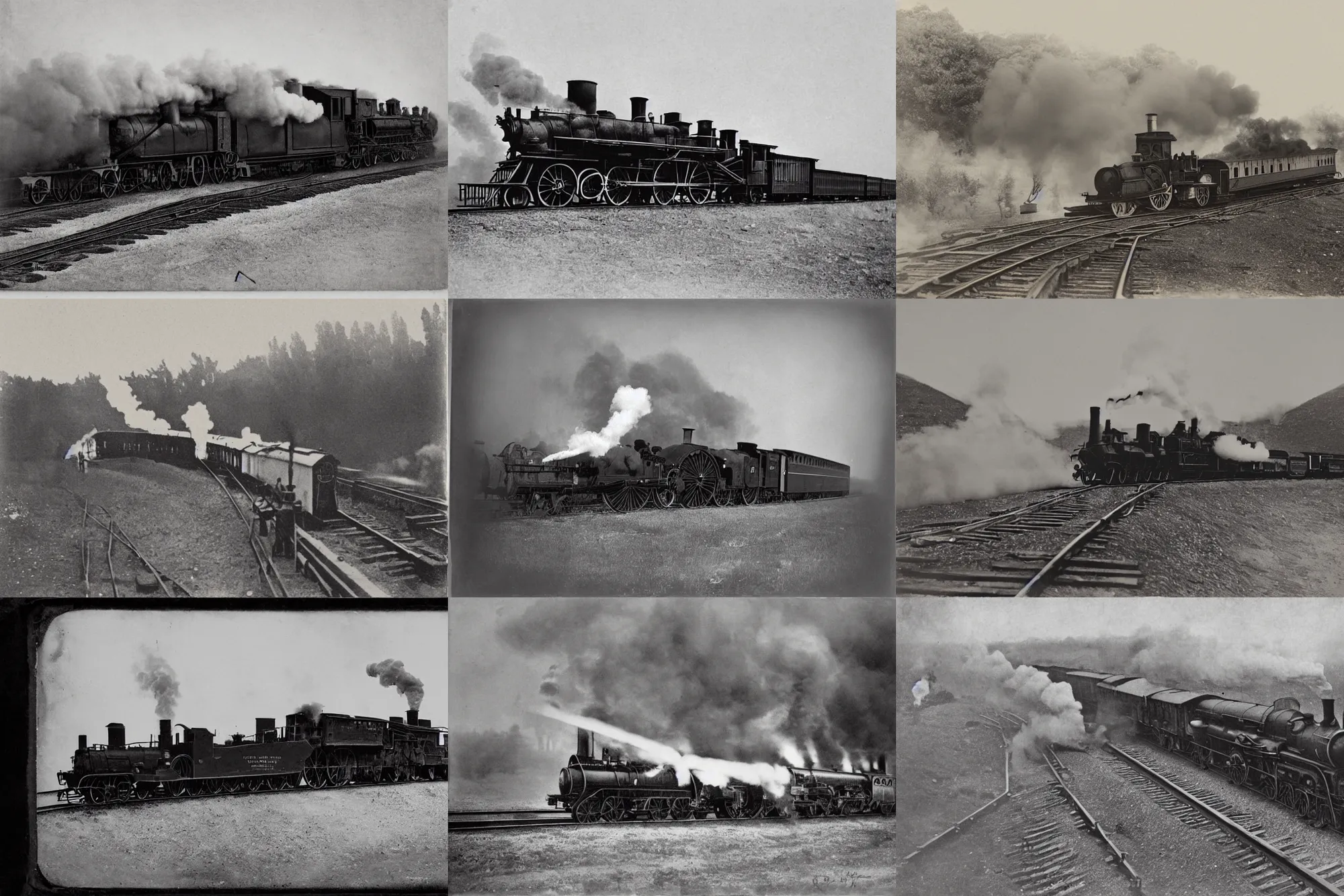 Prompt: smoking steam engine pulling train on rails, 1890s, old collodion black and white photo by Roger Fenton, detailed, grainy, smudged edges