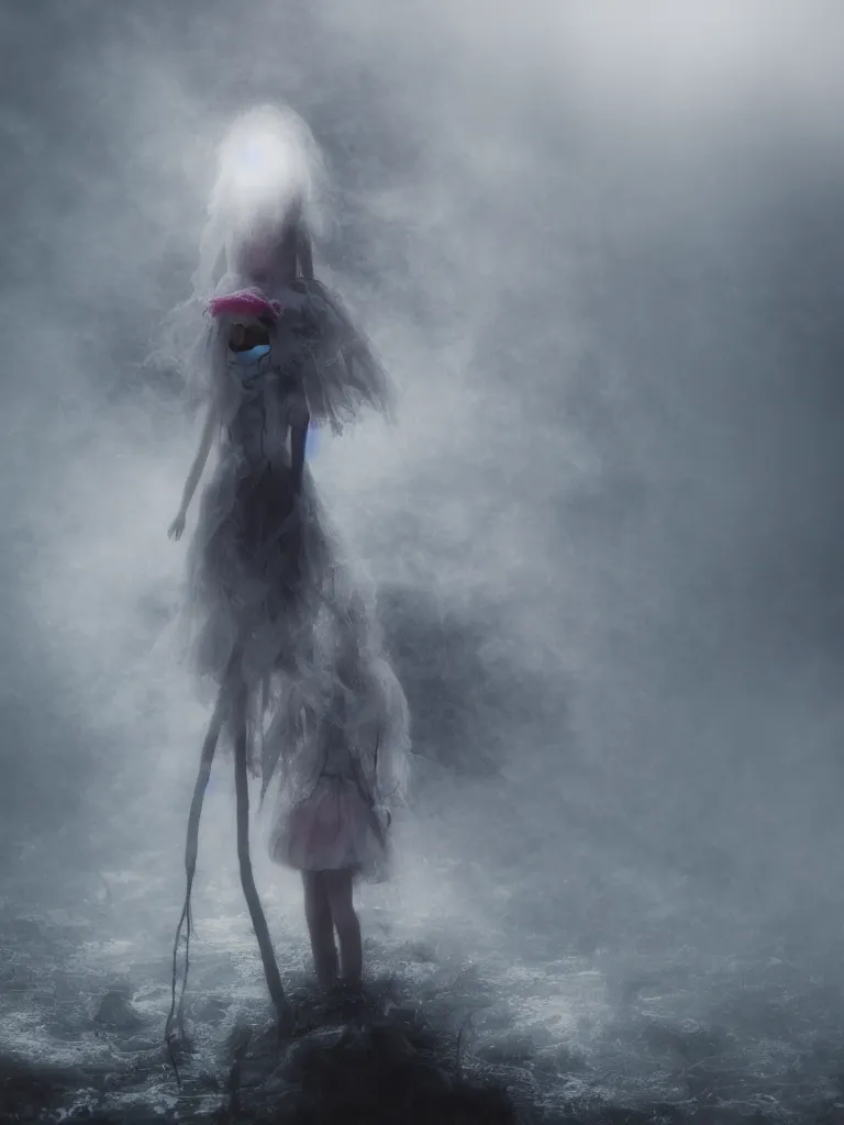 Image similar to cute fumo plush girl ghost in the haze of the murky river, reflective water surface, smoke and volumetric fog, tattered gothic horror maiden, fallen angel, lens flare, light shafts, light and shadow, vray