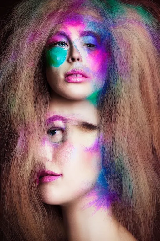Prompt: an esoteric woman, blending into chromatography with a beautiful face!!! isolated, studio lighting