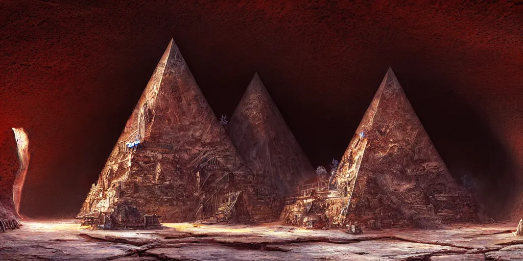 Image similar to a chrome pyramid inside a rusted cave mouth in the salt dunes, plants, ancient world, matte oil painting, merchant tents, canyons, science fantasy, rpg, epic, extremely detailed, sharp focus, 4 k