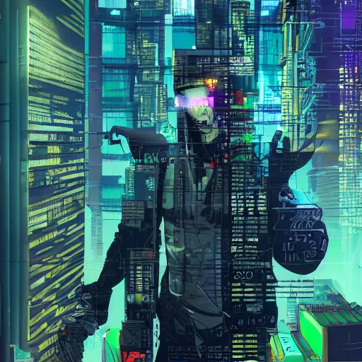 Image similar to cyberpunk hacker in front of bangkok by josan gonzalez