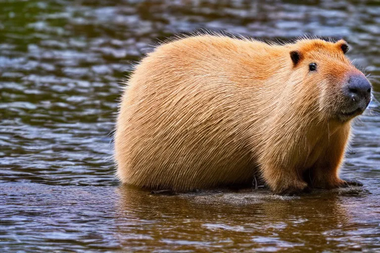 Image similar to a goldendoodle capybara!!! hybrid! hyper realistic!! realistic lighting!! wildlife photographer of the year!!! bold natural colors, national geographic, hd, wide angle, 8 k