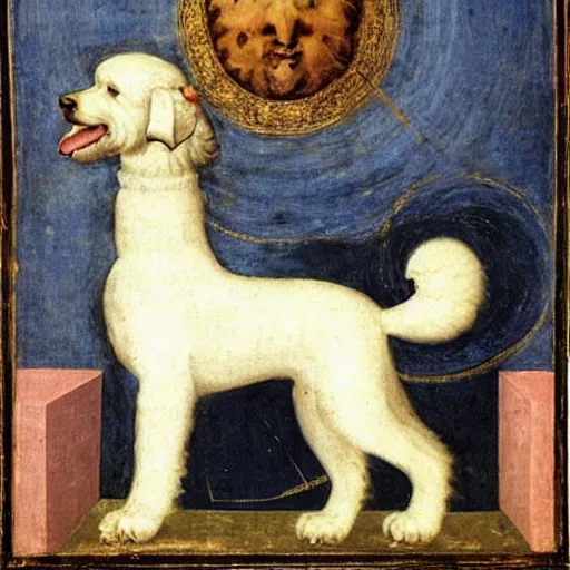 Image similar to portrait of a white poodle as an italian queen, painting by giotto di bondone, 1 3 0 0