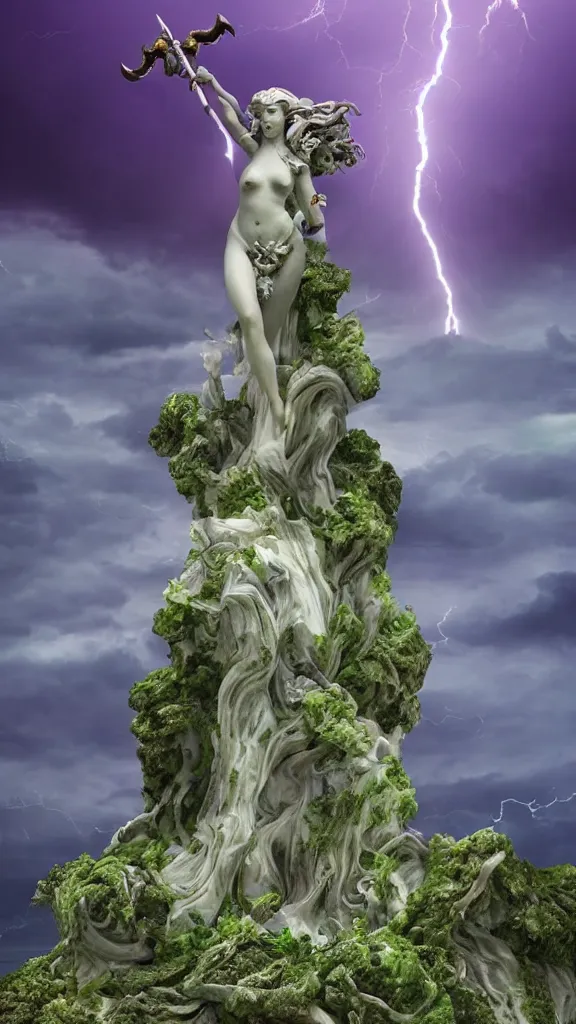 Prompt: gigantic marble statue of the goddess of the sea wielding a trident on an island. roiling waves at the base. scene lit by lightning. thunderclouds in the background. fantasy setting. magicians praying to the statue. purples and greens. fantasy aesthetic. extremely detailed. 4 k