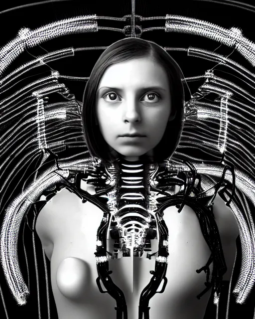 Image similar to black and white artistic photo, young female cyborg - plant goddess, microchip, artificial intelligence, bio - mechanical bio - luminescence, black wired cables, cinematic, rim light, photo - realistic, 8 k, in the style of dora maar and h. g. giger