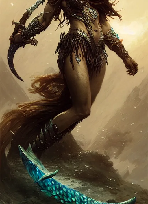 Image similar to a fierce mermaid warrior under water, fantasy character portrait, ultra realistic, concept art, intricate details, highly detailed by greg rutkowski, gaston bussiere, craig mullins, simon bisley