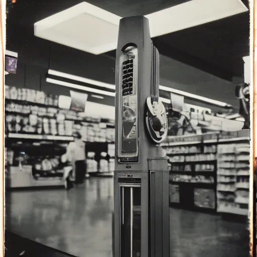 Image similar to Vintage Photograph of a futuristic time machine inside of a grocery store, shallow depth of field, awkward, out of place, polaroid 600 Color