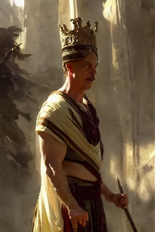 Image similar to ancient roman steve buscemi ascending wearing the civic crown, art by anders zorn, wonderful masterpiece by greg rutkowski, beautiful cinematic light, american romanticism by greg manchess, jessica rossier