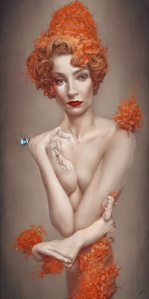 Image similar to a beautiful hyperrealistic portrait pose of a stunning 1950’s burlesque model in a cream-and-orange dress looking happy, intricate, elegant, highly detailed, smooth, sharp focus, award-winning, masterpiece, in the style of Tom Bagshaw, Cedric Peyravernay, Peter Mohrbacher