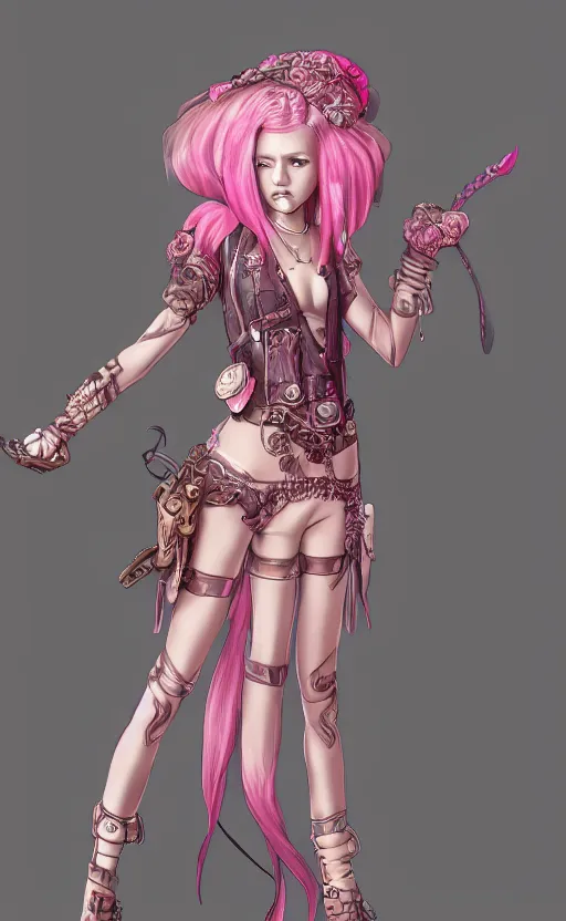 Image similar to pink hair girl dressed with inspirations from steampunk style, high detailed, digital art, trending on artstation, devianart, cgsociety