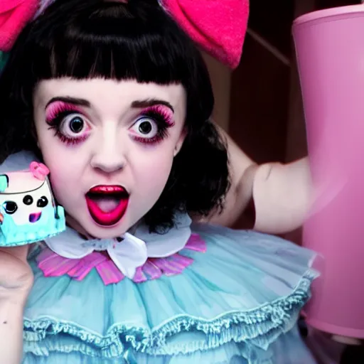 Prompt: melanie martinez, a still of a kawaii horror movie